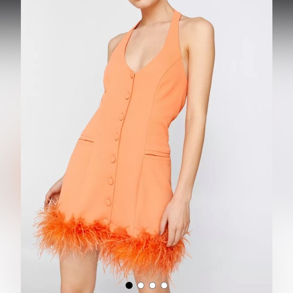 Nasty Gal Feather Trim Halterneck Tailored Dress in Orange - Picture 2 of 4